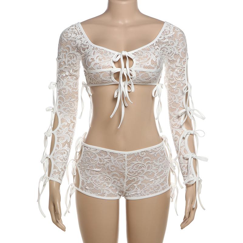 Long sleeve self tie lace see through hollow out pant set