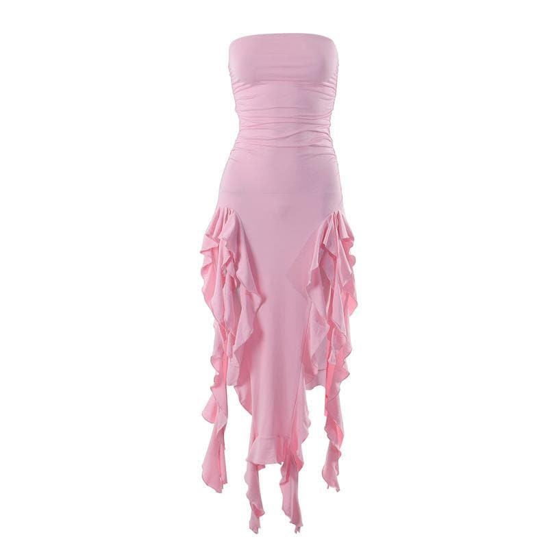Solid slit irregular ruffle ribbon backless tube midi dress  | red tango dress