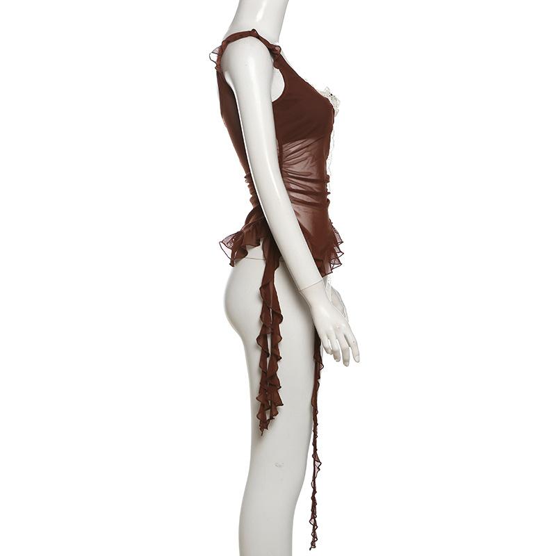 Flower applique lace hem mesh irregular cami top