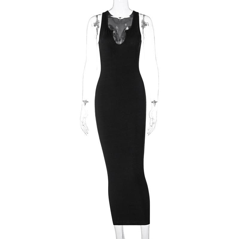 Ribbed notch neck sleeveless low cut solid maxi dress  | red tango dress