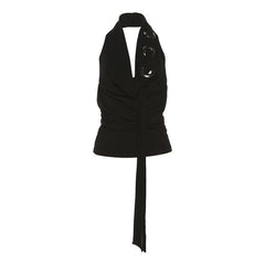 Halter backless hollow out ribbed cowl neck solid cut out top