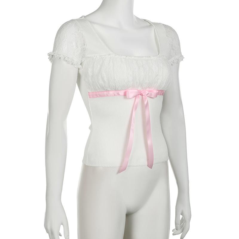 Short sleeve bowknot ribbon ribbed lace top