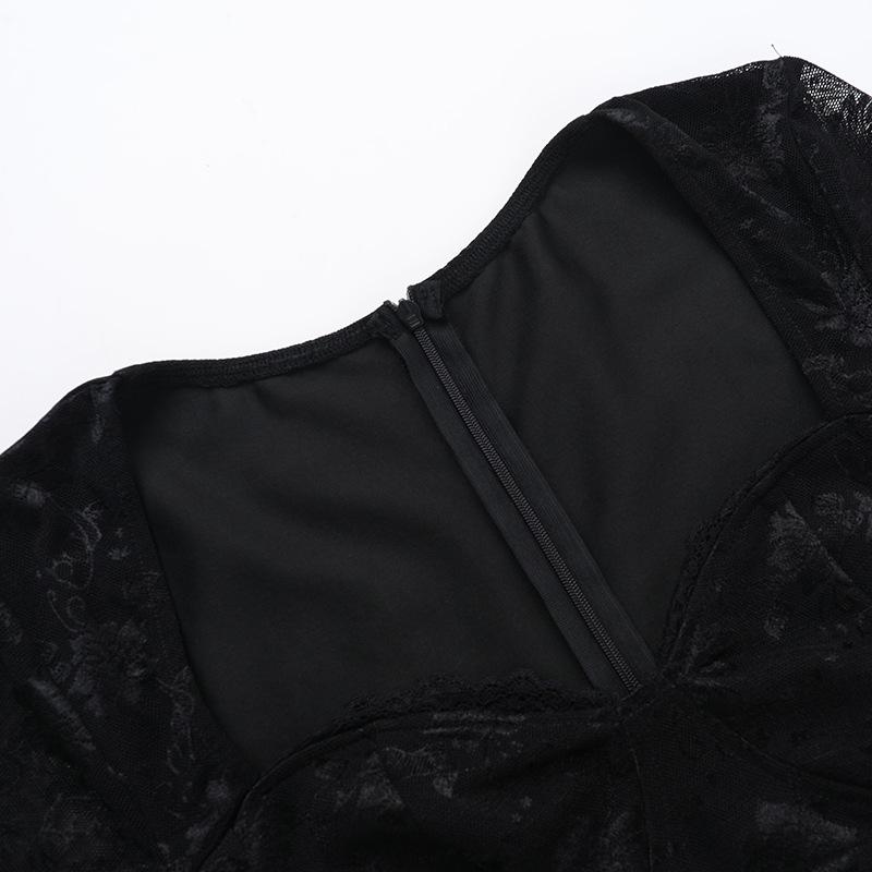 Long sleeve hollow out lace zip-up mini dress