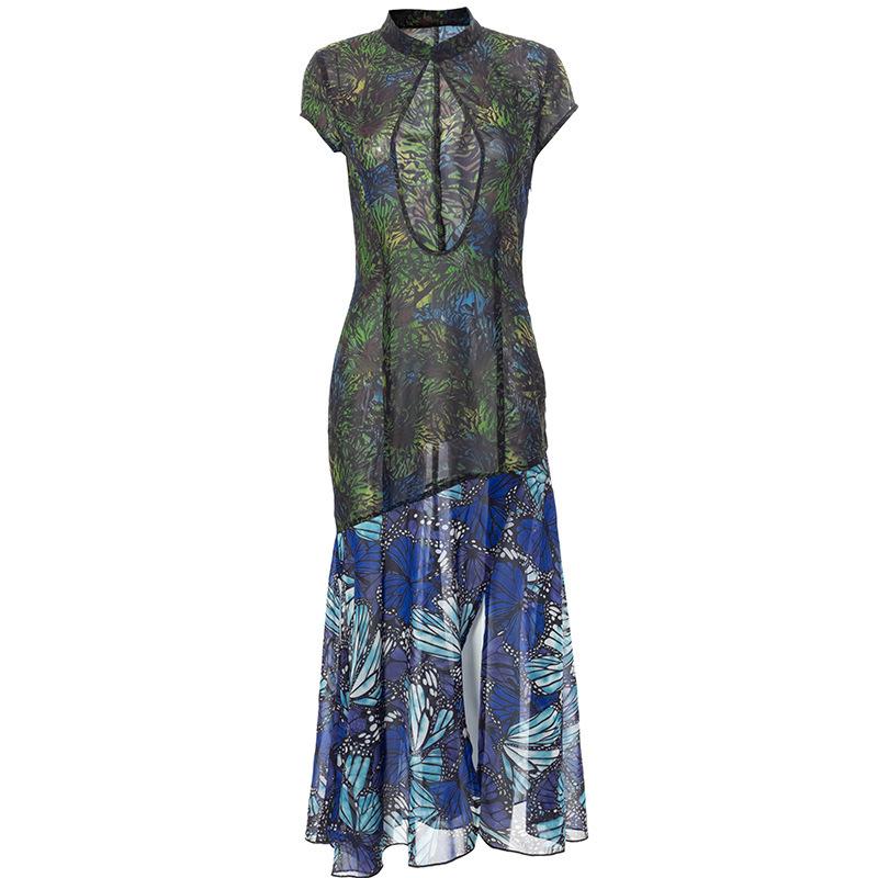 Short sleeve hollow out slit butterfly print see through midi dress