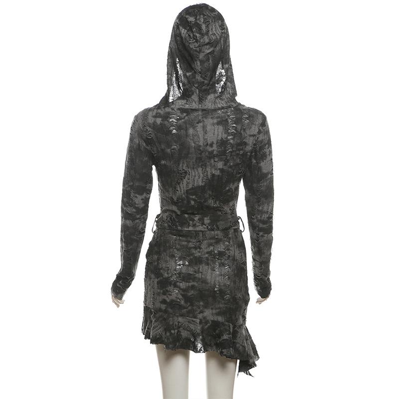 Hoodie long sleeve belt hollow out mini dress