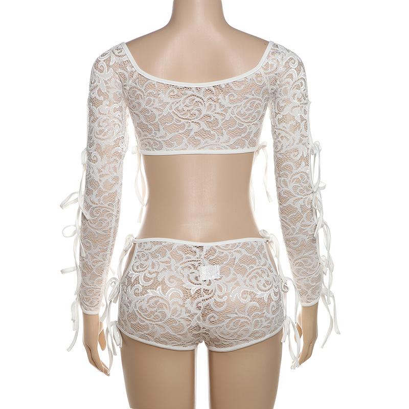 Long sleeve self tie lace see through hollow out pant set