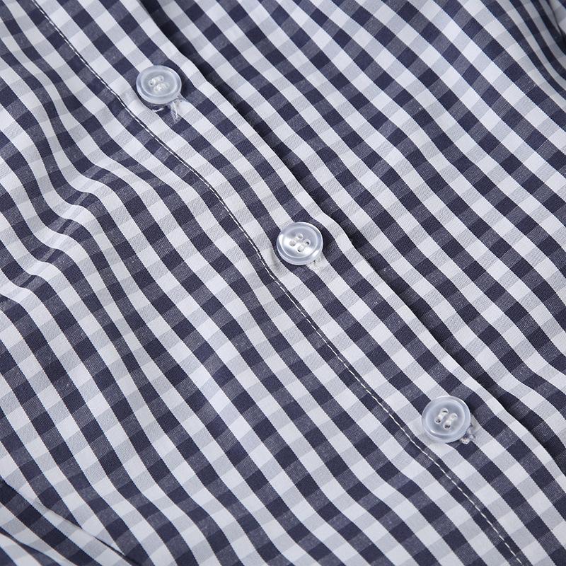 Turnover collar short sleeve plaid print button top