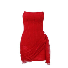 Irregular ruched backless lace up bustier tube mini dress  | red tango dress