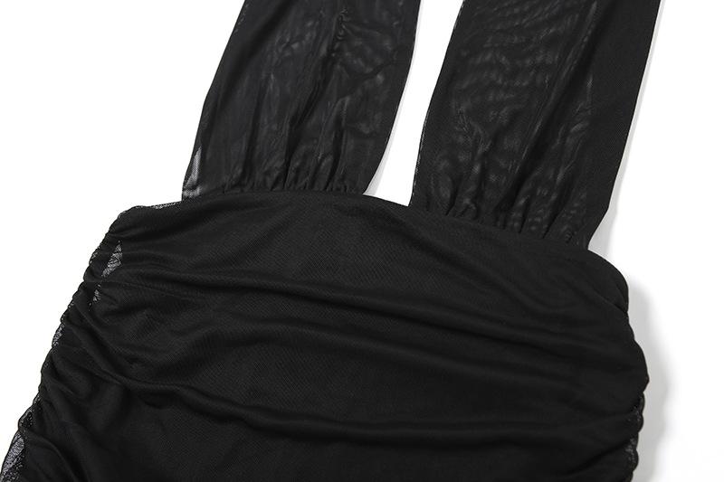 Halter ruched mesh ruffle backless mini dress