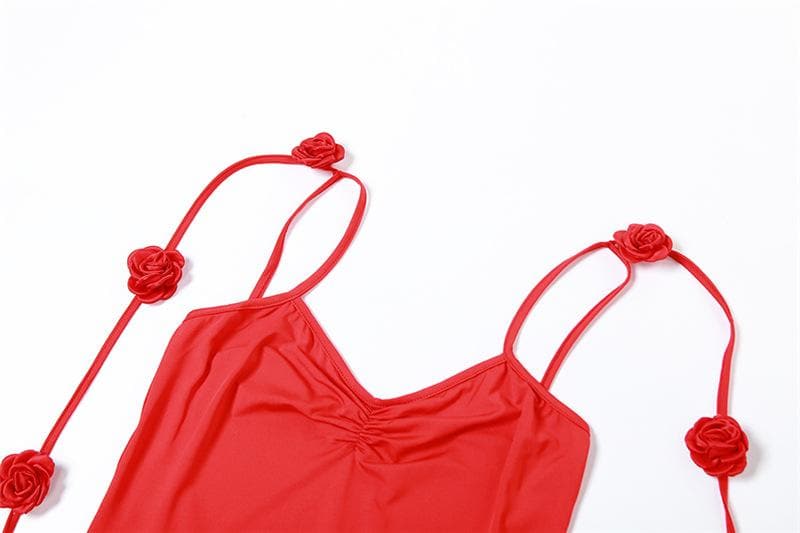 Flower applique backless solid v neck ribbon cami maxi dress  | red tango dress
