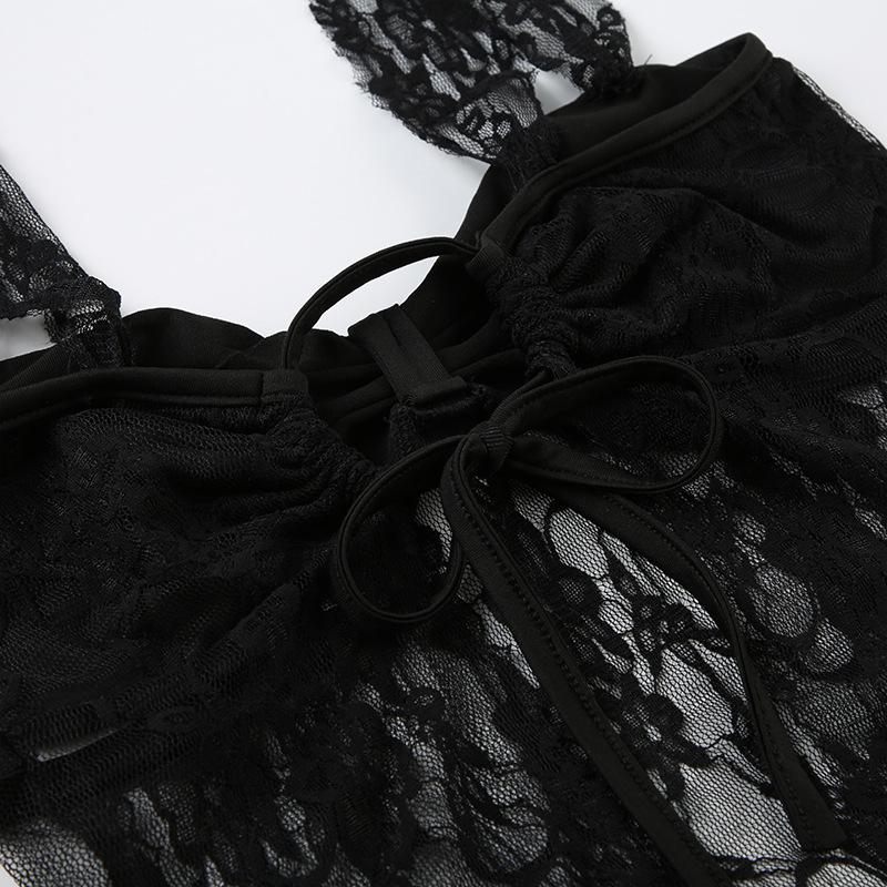 Lace ruched backless self tie cami top