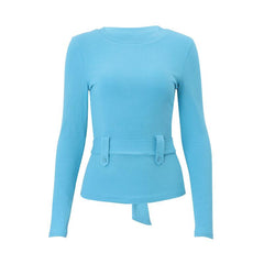 Crewneck long sleeve belt knotted knitted top