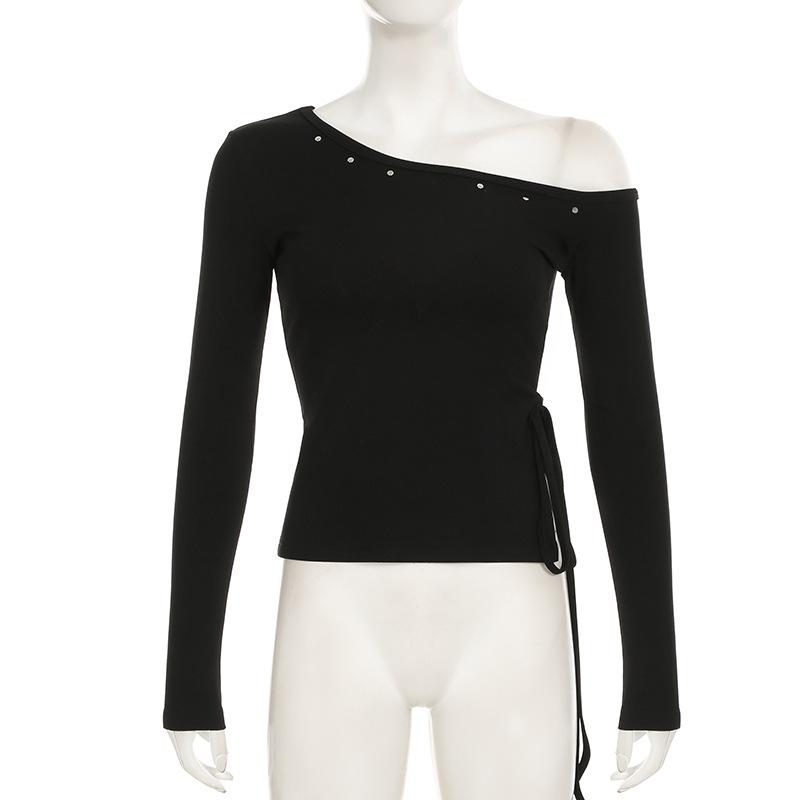 Long sleeve one shoulder slit self tie top