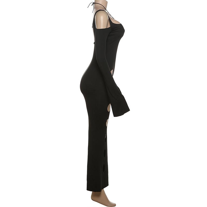 Hollow out long sleeve halter cross front self tie maxi dress  | black rave dress
