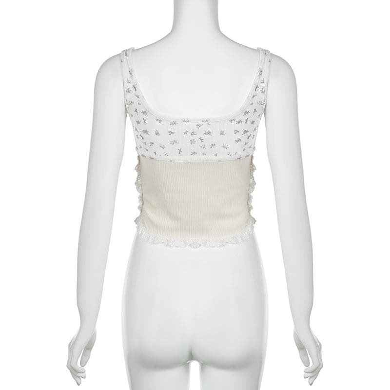 Flower print lace hem contrast sleeveless square neck top