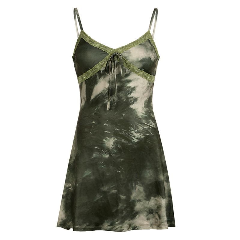 Tie dye lace hem bowknot v neck cami mini dress