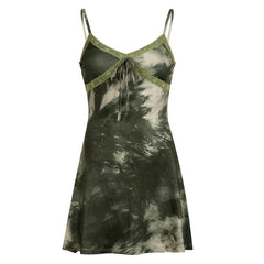 Tie dye lace hem bowknot v neck cami mini dress