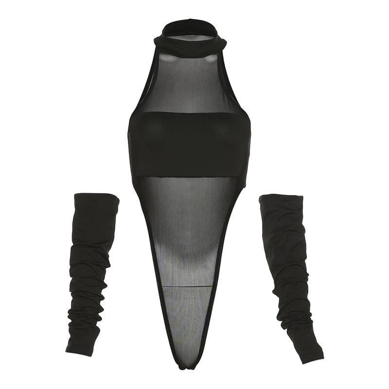 Sleeveless mesh see through gloves button gloves bodysuit