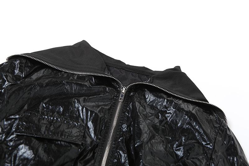 Turnover collar long sleeve PU leather zip-up coat top