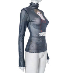 Ruffle see through sheer mesh long sleeve oil painting print top