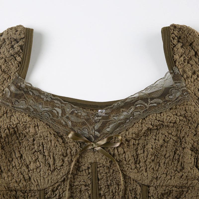 Long sleeve textured bowknot lace hem top