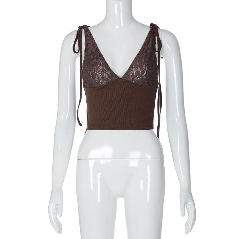 V neck see through lace ribbed patchwork ruched backless top