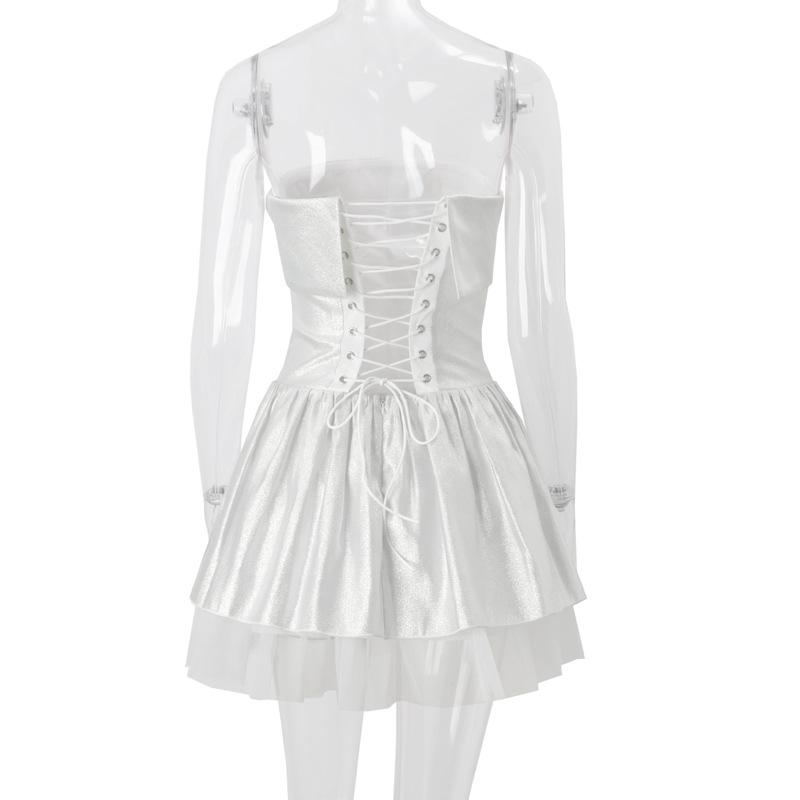 Off shoulder glitter mesh ruffle mini dress