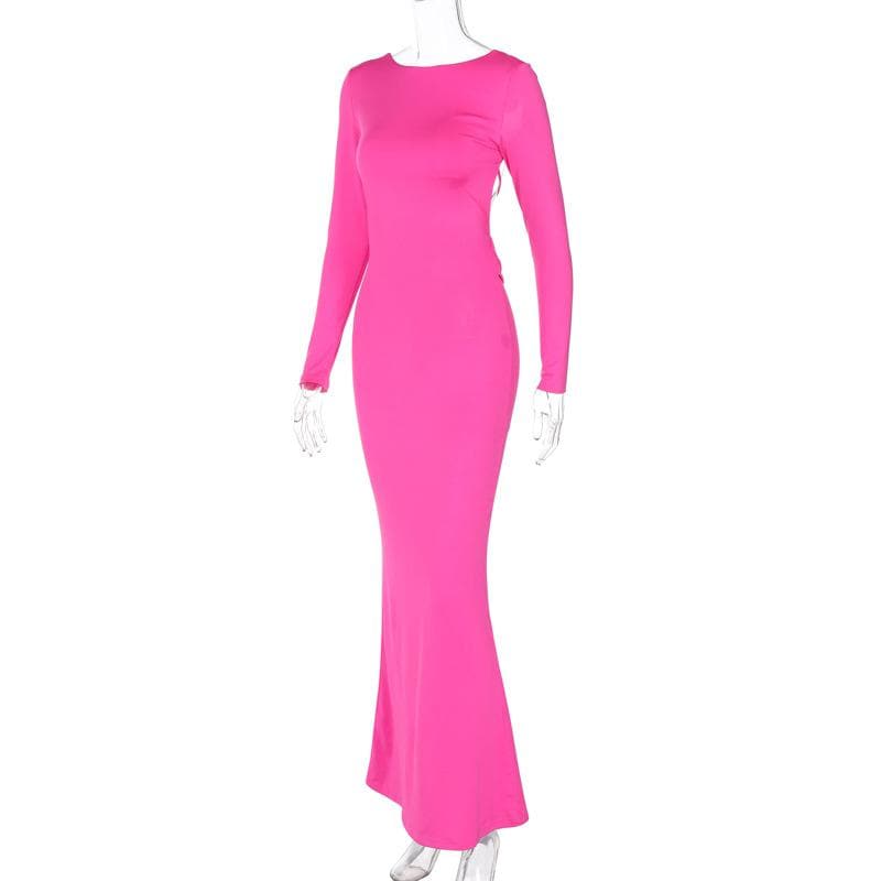 Long sleeve backless lace up ruched solid maxi dress  | red tango dress