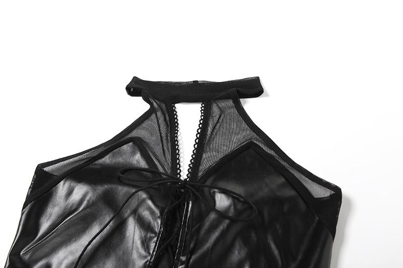 Halter PU leather lace up hollow out gloves bodysuit