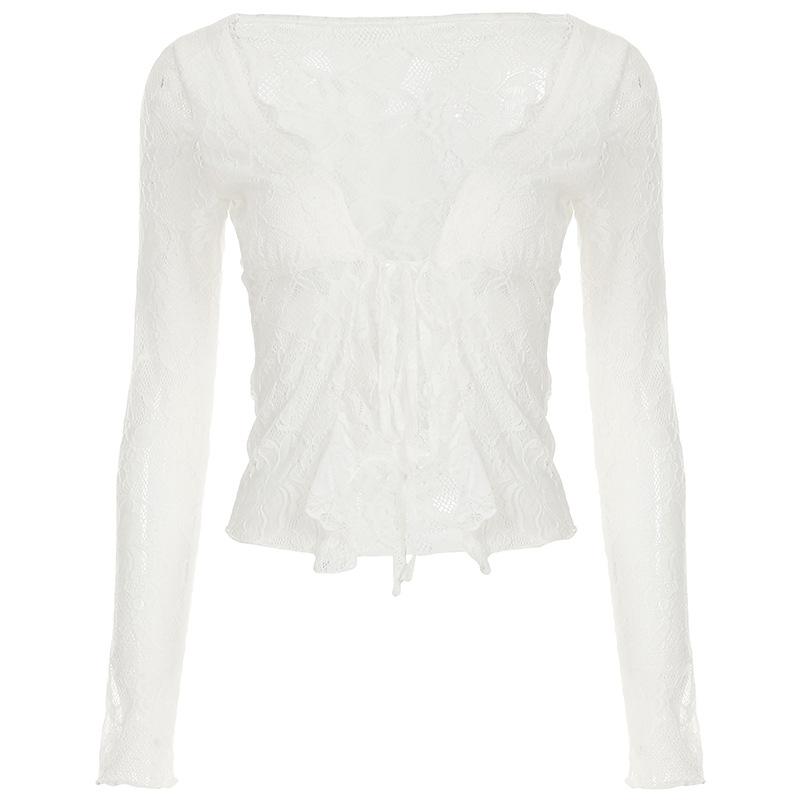 Long sleeve lace ruffle irregular self tie top