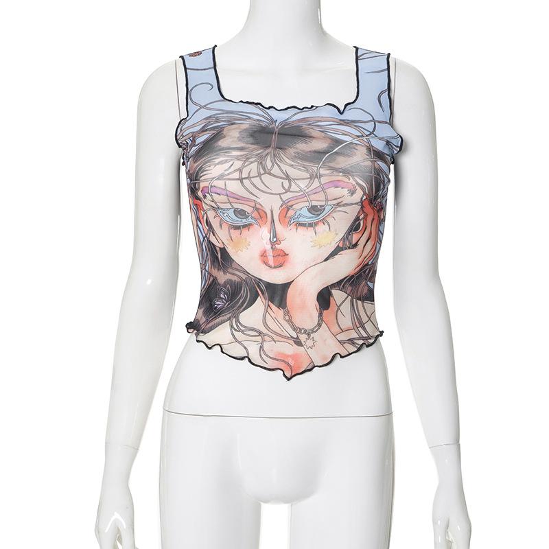Ruffle print sheer mesh square neck tank top