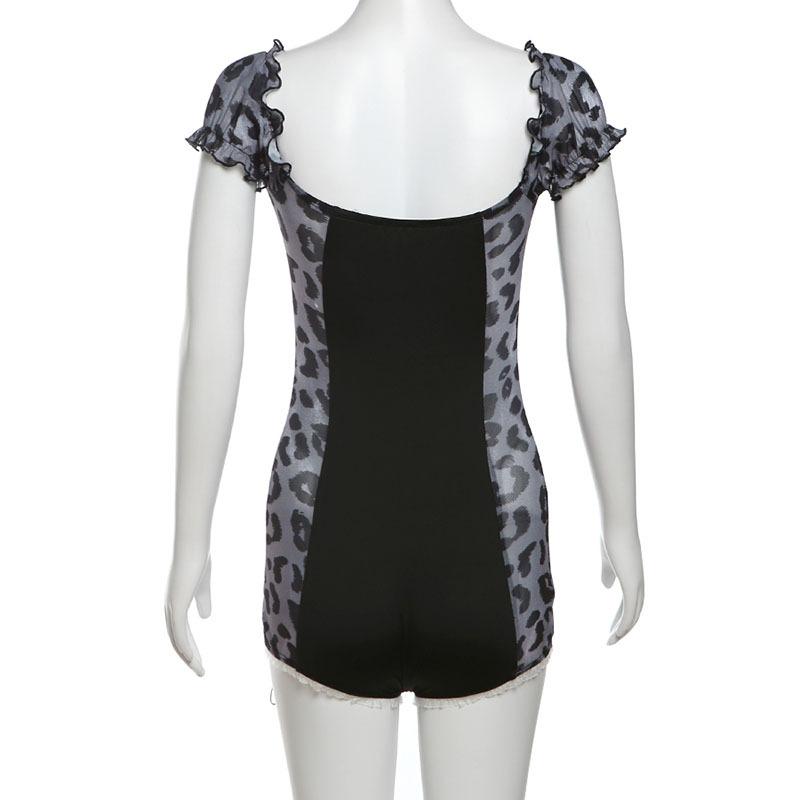 Short puff sleeve leopard print lace hem romper