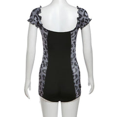 Short puff sleeve leopard print lace hem romper