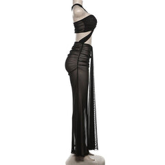One shoulder mesh hollow out maxi dress