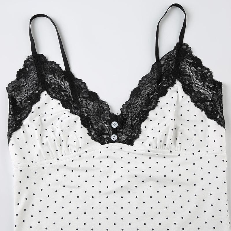 V neck lace hem polka dot button cami top