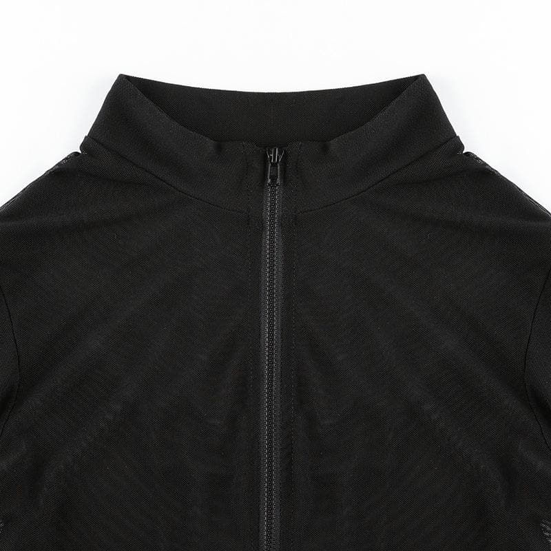 Sheer mesh high neck zip up front bodysuit