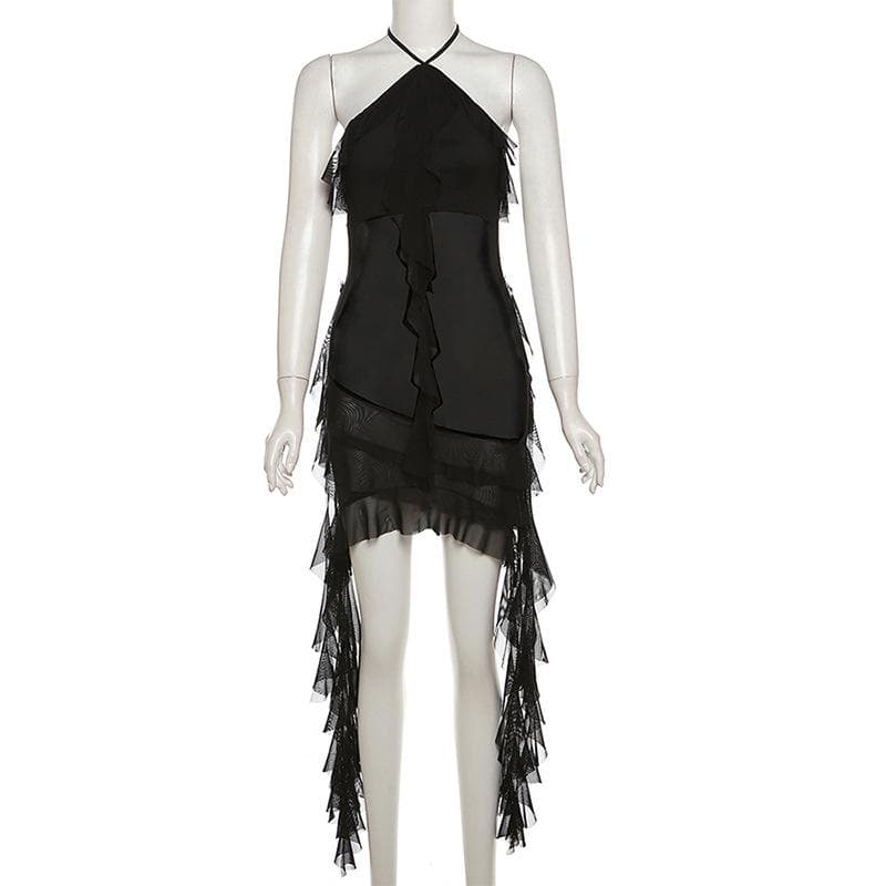 Halter sheer mesh ruffle backless mini dress  | red tango dress  | samba dress