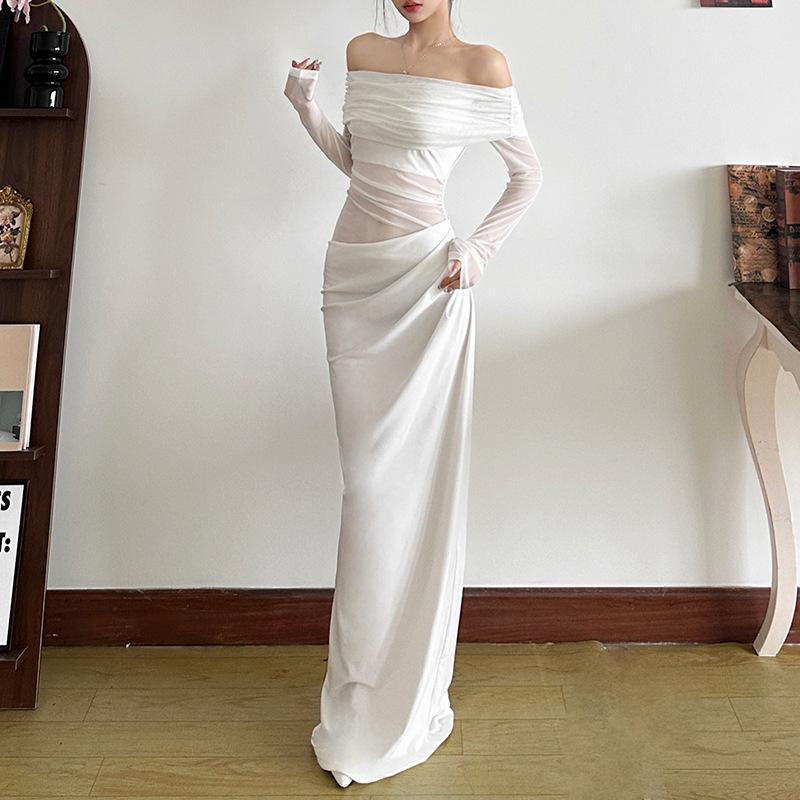Off shoulder hollow out mesh maxi dress