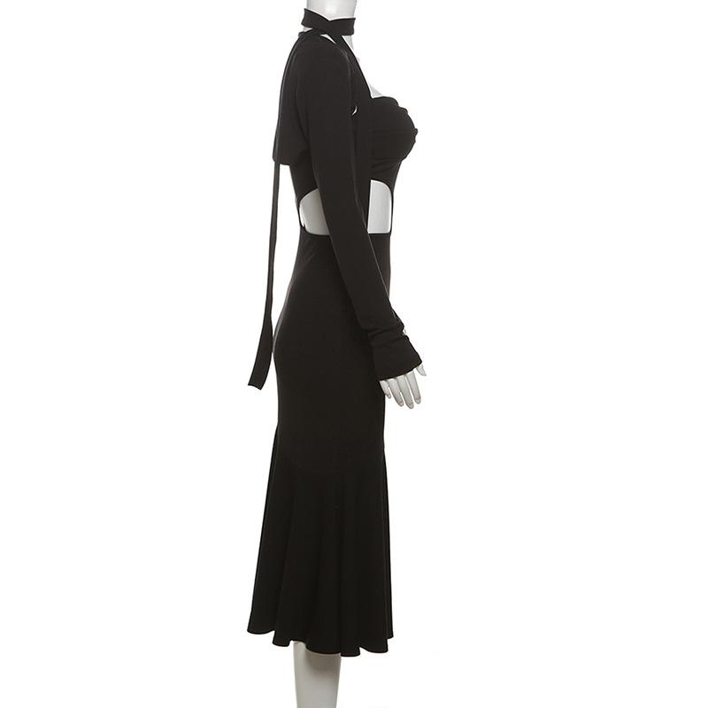 Long sleeve sweetheart neck shrug 2 piece hollow out maxi dress