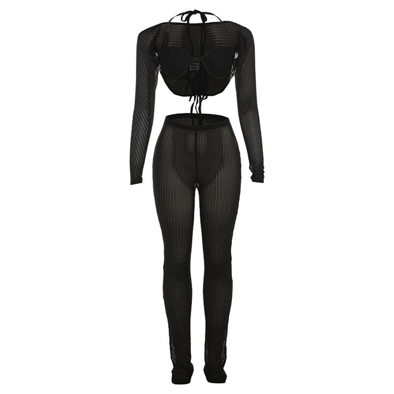 Halter shrug textured see through pant set