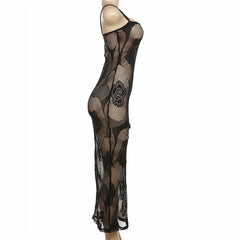 Rose pattern fishnet see through cami midi dress