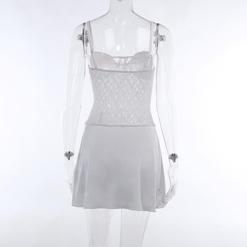Lace patchwork self tie solid ruched backless cami mini dress