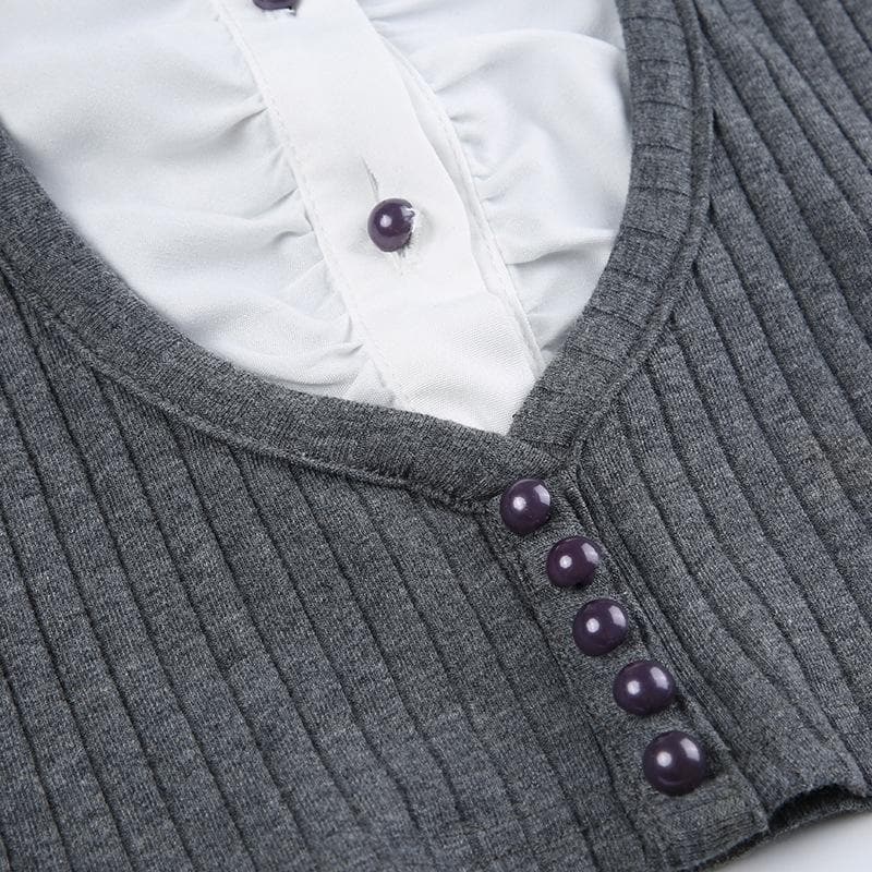 Turnover collar long sleeve button ruched contrast patchwork top