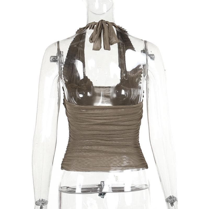 Halter pleated hollow out ruched mesh backless cut out top