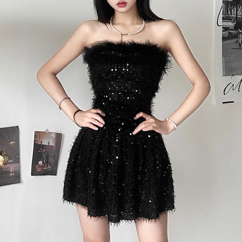 Textured glitter backless feather tube mini dress  | red tango dress