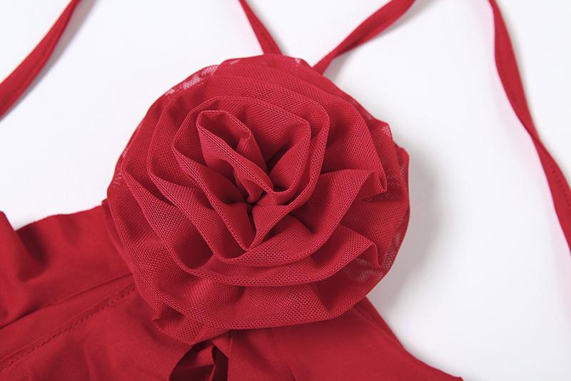Halter flower applique ruffle backless top