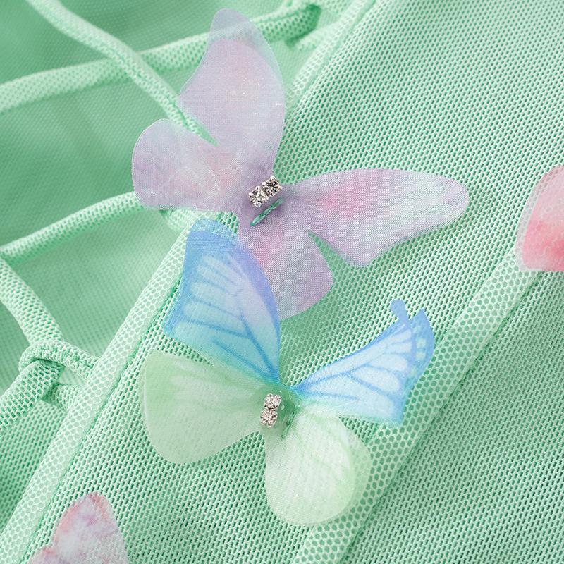 Sweetheart neck butterfly applique mesh lace up tube top