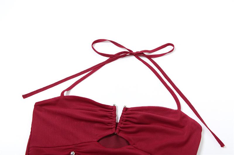 Halter ruched hollow out beaded top