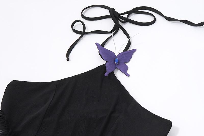 Halter butterfly applique hollow out mesh maxi dress