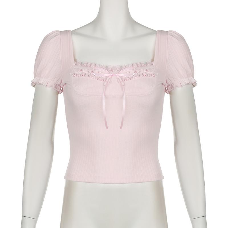 Short puff sleeve ribbed bowknot ruffle top